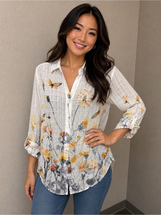 Alfred Dunner Tops - Alfred Dunner Floral Butterfly Button Shirt Large White Roll Tab Blouse EUC